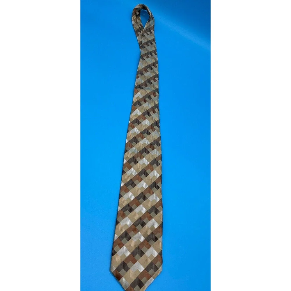 Villini Men's 100% Silk Tie Geometric Check Pattern Brown Gold‎ 3.5